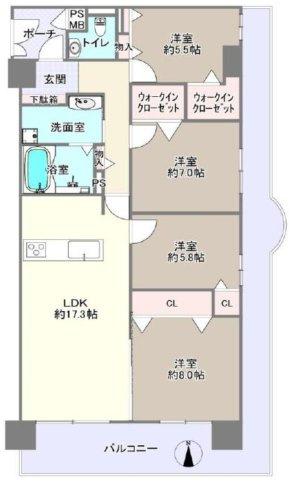 ファミール鶴見の間取り|中古マンション　4LDK　専有面積：99.14㎡（壁芯）　バルコニー面積：26.98㎡　南向き