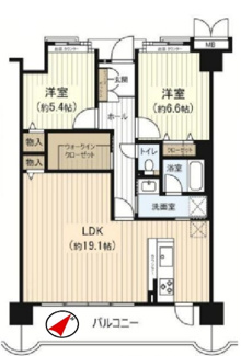 【間取り】 | マイシティ大阪５番館　リフォーム済 | ゆったりサイズも約19.1帖のLDKが魅力な２LDKの間取りです！お二人様におすすめです！！南東向きで陽当たり良好です！！