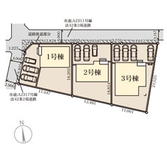 石岡市府中第1　新築戸建　2号棟の区画図|カースペース並列3台可能♪庭付き！