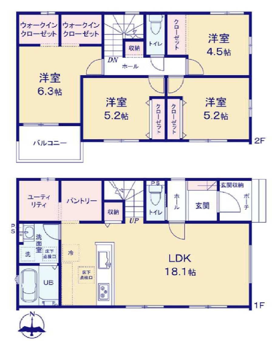 新築　高崎市島野町1期　2号棟の間取り|建物面積106.85㎡　広々18.1帖LDK♪ユーティリティ・パントリー・ウォークインクローゼット・各部屋収納付きで便利です！日当たりの良いバルコニーはお洗濯物もよく乾きそうです◎
						
