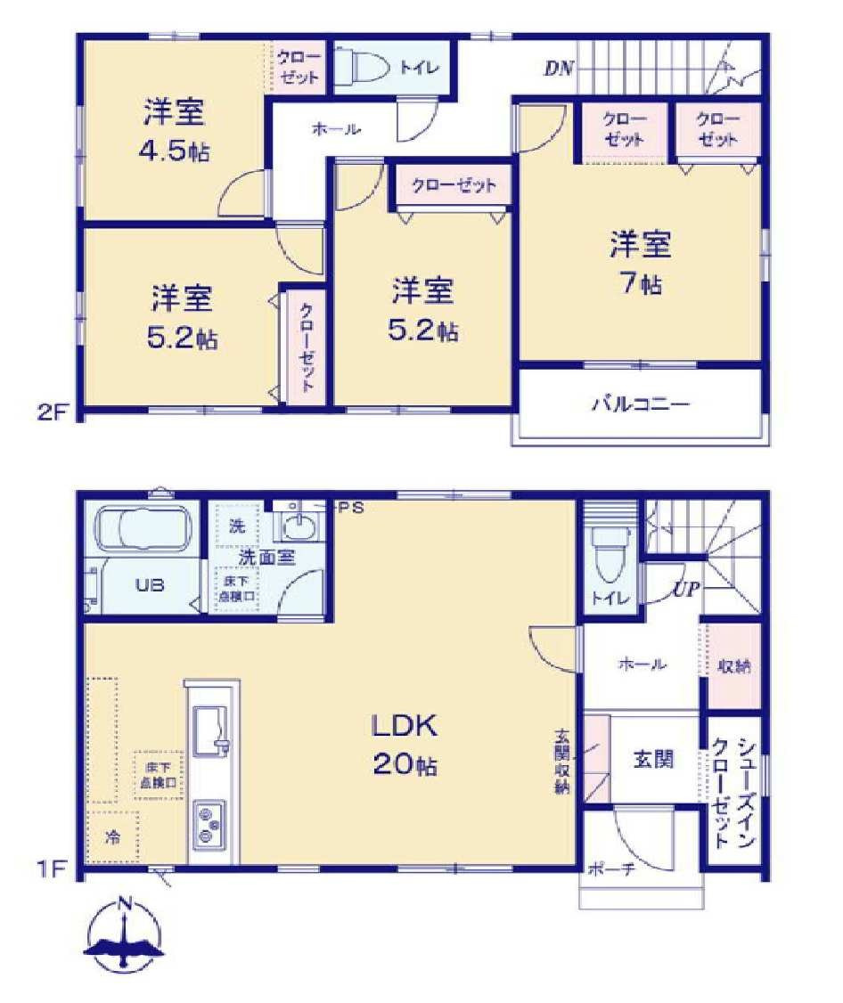 新築　高崎市島野町1期　3号棟の間取り|建物面積107.68㎡　広々20帖LDK♪シューズインクロークで玄関スッキリ！各部屋収納付きで便利です！日当たりの良いバルコニーはお洗濯物もよく乾きそうです◎
						
