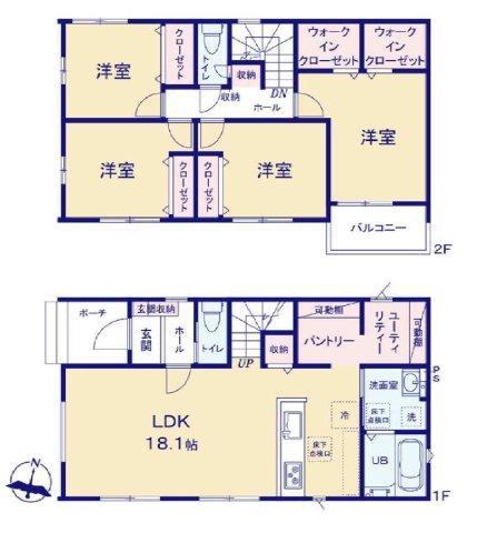 新築　北群馬郡吉岡町大久保1期　1号棟の間取り|建物面積104.75㎡　広々18.1帖LDK！ユーティリティ・パントリー・ウォークインクローゼット・各部屋収納付き！日当たりの良いバルコニーは気持ちよく洗濯物が干せます							
								