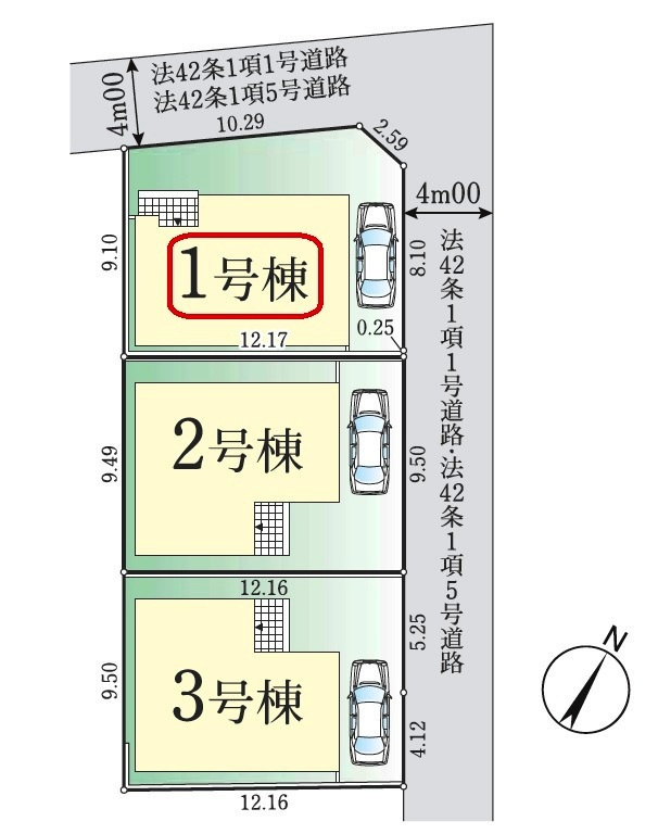東村山市恩多町3丁目・全3棟　新築一戸建　1号棟の区画図|【全3棟・1号棟】北東角地・カースペース1台・土地面積116.24平米（約35.16坪）