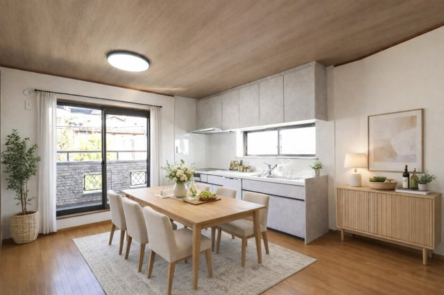 【ReDream】大山崎町岩崎の居間・リビング|ご家族皆で食事を楽しめるリビングダイニング！家族団らんの時間が増えそうですね♪
※本画像の家具・インテリアはCG合成です。実際とは異なります。