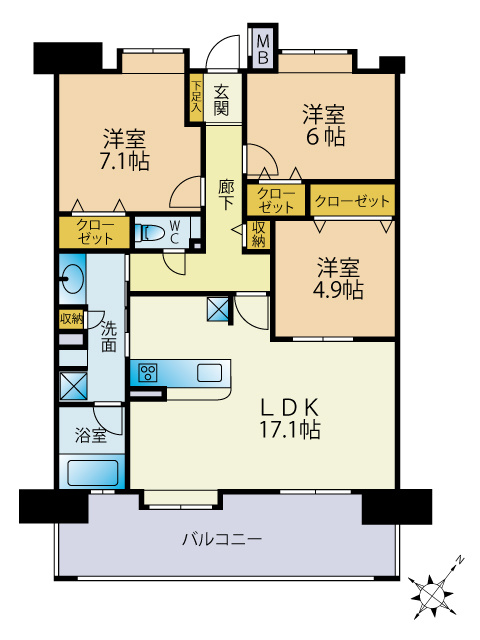 アンピール東大橋の間取り|3LDK、価格5590万円、専有面積82.82㎡、バルコニー面積16.40㎡ 