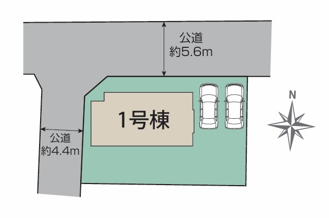 ブルーミングガーデン  水戸市西原１丁目　限定1棟！の区画図|敷地面積約57坪。前面道路幅約5.6メートル。開放的な角地です。
内覧可能です。ご予約はHPから、またお電話でも、お気軽にどうぞ。