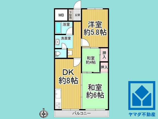 シェトア園田第一の間取り|2DK、専有面積44.40平米、バルコニー面積5.6平米、8階建て6階部分。