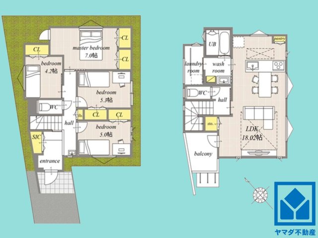 西宮市南甲子園２丁目　第10　C号地の間取り|4LDK、土地面積114.96平米、建物面積106.06平米、木造2階建。2026年2月完成済み。ご成約でヤマダポイントプレゼント中です。お問合せお待ちしております。