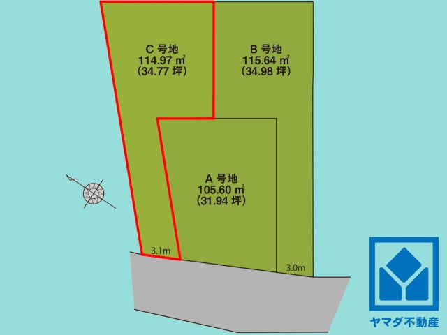 西宮市南甲子園２丁目　第10　C号地の区画図|グランコンフォートPlus南甲子園2丁目、3区画のC号地です。区画それぞれ間取りが違うので、ライフスタイルに合わせてご検討ください。