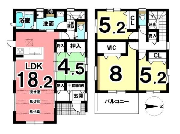 天理市田町 ２号地 ／一戸建の間取り|■広々したリビング１８．２帖・４ＬＤＫの間取りです！大容量の収納など、ご家族のお住まいにピッタリです！