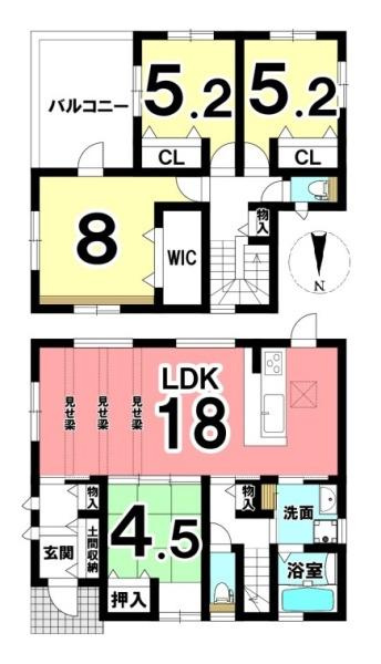 天理市田町 １号地 ／一戸建の間取り|■広々したリビング１８帖・４ＬＤＫの間取りです！大容量の収納など、ご家族のお住まいにピッタリです！