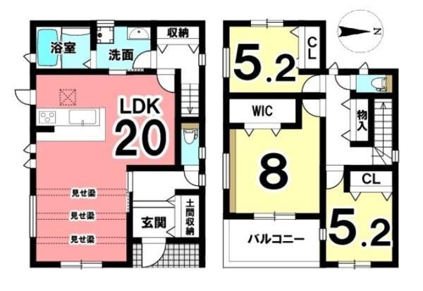 天理市田町 ３号地 ／一戸建の間取り|■広々したリビング２０帖・３ＬＤＫの間取りです！大容量の収納など、ご家族のお住まいにピッタリです！