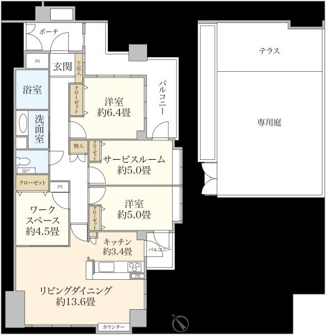 ウッドコート南橋本の間取り|東南西角住戸＋88.49㎡ゆとりの室内空間＋タイル貼りテラスのついた南向き専用庭付き
隣住戸と接していない各洋室はプライベート設計、各洋室にバルコニー付き
