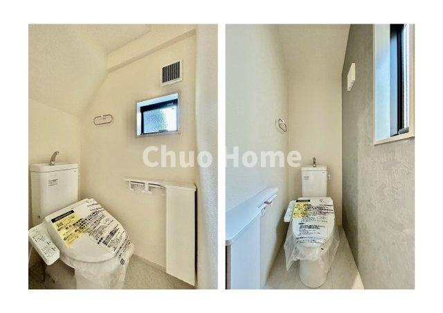 江戸川区船堀2丁目新築分譲住宅のトイレ|【トイレ×2】収納スペースをしっかりと確保した温水洗浄便座機能付きトイレ。温水洗浄便座は清潔にお使いいただくための大切なアイテムです。