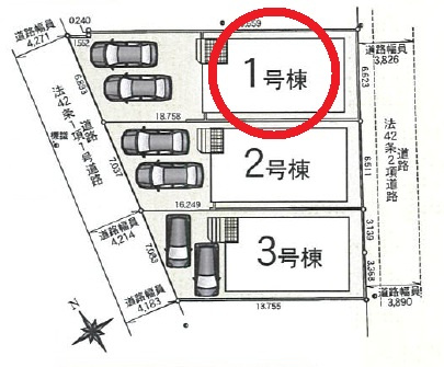 岡崎市矢作町第19　新築分譲住宅　全3棟　1号棟の区画図