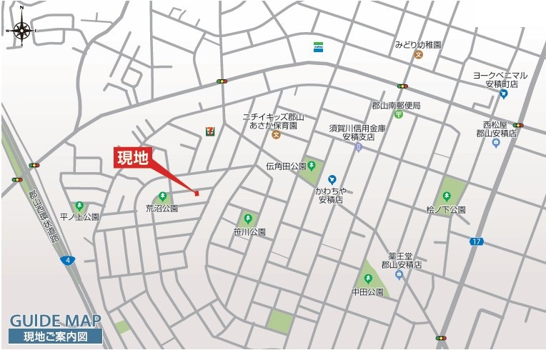 新築戸建・新築建売　郡山市安積町南長久保一丁目　安積第三小・安積第二中の地図|現地案内図
