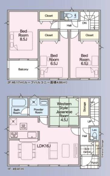 幸手市西第７　新築一戸建て　02　クレイドルガーデンの間取り|水回り集中設計で毎日の家事の負担を軽減します♪
