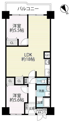 令和８年２月リフォーム済み◆１１階建てマンション１０階部分南西向き２ＬＤＫ住戸◆桂川ハイツ２号館の間取り