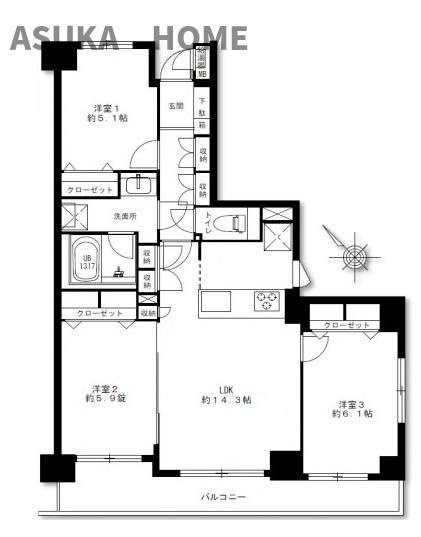 横浜小机西パーク・ホームズ壱番館 の間取り|各居室にも窓があり外からの明かり取りができる間取り。細かい収納もあるので物が多い方も安心できますね。