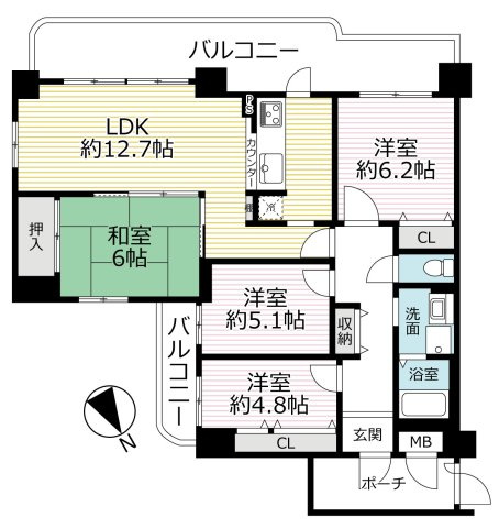 ◆２０２５年８月リフォーム完了◆２面ワイドバルコニー付き◆最上階◆角部屋◆ルネ伏見東の間取り