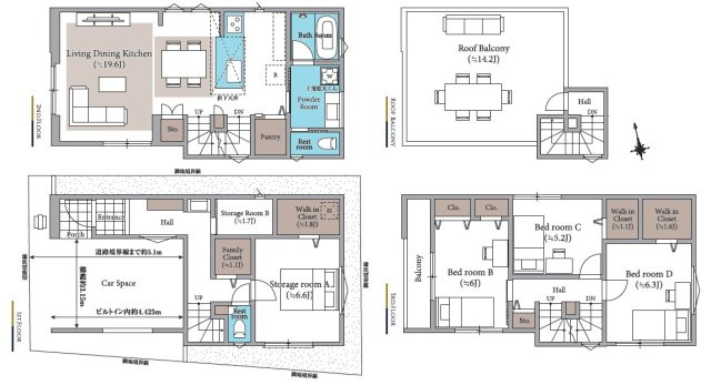 板橋区前野町2丁目　広々14帖ルーフバルコニー　新築戸建限定1棟の間取り|3SLDK+ストレージルーム+FC+3WIC+パントリー+屋上ルーフバルコニー+ビルトイン車庫　敷地面積 69.39ｍ2　建物面積 141.95ｍ2