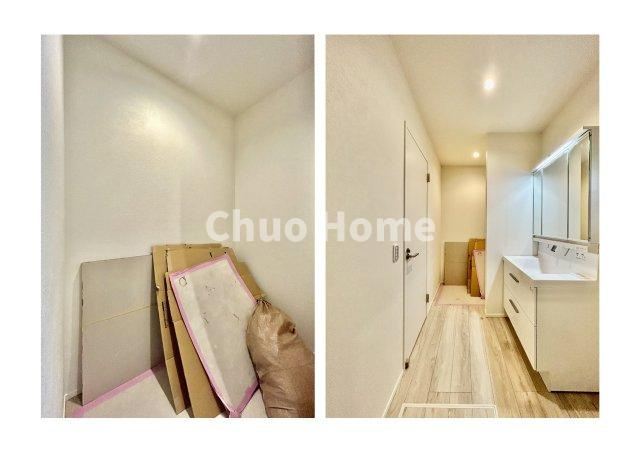 江戸川区南葛西2丁目新築分譲住宅の脱衣所|【洗面所】明るい洗面所は朝をすっきりさせてくれる空間です。バタバタしている忙しい朝でも収納が多い洗面台では短い時間で効率良く支度ができます。