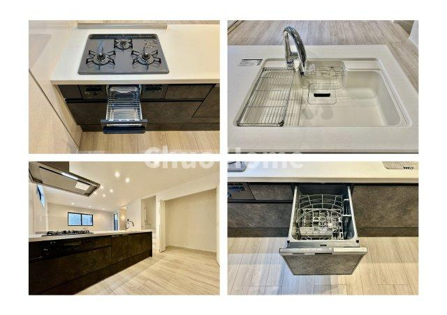 江戸川区南葛西2丁目新築分譲住宅のキッチン|【システムキッチン】ワイドで収納豊富な使い勝手の良いカウンターキッチンには、食洗器・伸縮タイプのキッチン水栓、三ツ口コンロ・魚焼きグリルなどの便利な設備が標準完備されています。
