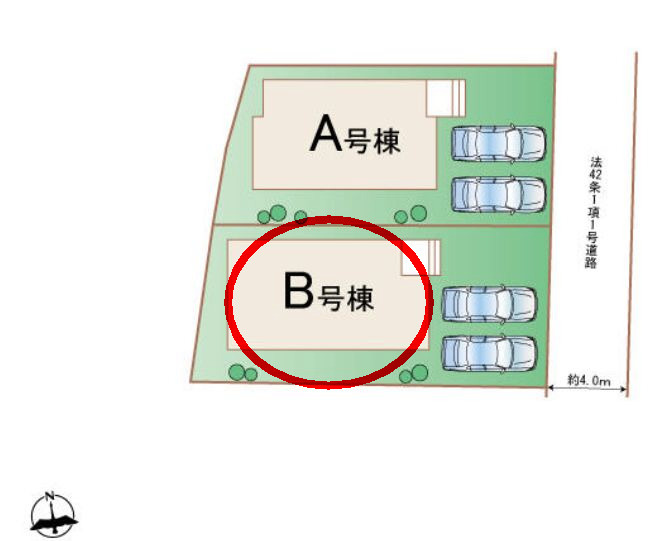 ハートフルタウン前橋市南町2丁目55番3　Ｂ号棟の区画図|駐車場並列３台ご用意しています！
並列駐車なので車の出し入れもしやすいですよ！