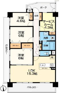 【間取り】 | ライオンズマンション尼崎ガーデンシティ　リフォーム済 | 角部屋で明るく開放的な３SLDKの間取りです♪専用ポーチ付き！二面バルコニー！