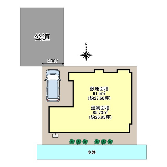 三郷市幸房　中古戸建　全1棟の区画図|前面道路4ｍ、接道2ｍ。カースペース1台分付き（車種制限あり）