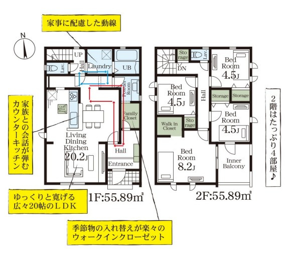 【間取り】 | Livele Garden.S深谷市田所町 第3　新築住宅 | ≪2号棟≫LDK20.2帖■家事動線を意識した家事ラクの間取りプラン■収納力が自慢の家