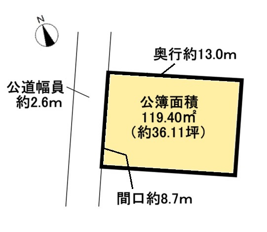 南国市大そね甲　土地の土地図|土地公簿面積１１９．４０㎡（約３６．１１坪）、間口は約８．７ｍあります。