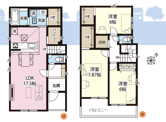 上尾市上尾下4期　全1棟　1号棟の間取り|17.5帖の広々LDKに加え、大型収納を随所に配置。キッチン横のパントリーや計3ヶ所のWICが、生活感のない美しい暮らしを叶えます。家事動線に優れた、共働き世帯に嬉しい機能美溢れる邸宅です。