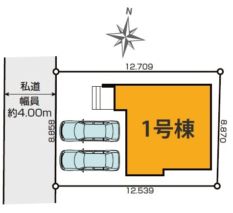 東久留米市小山4丁目・全1棟　新築一戸建の区画図|整形地・カースペース並列2台・土地面積111.88平米（約33.84坪）