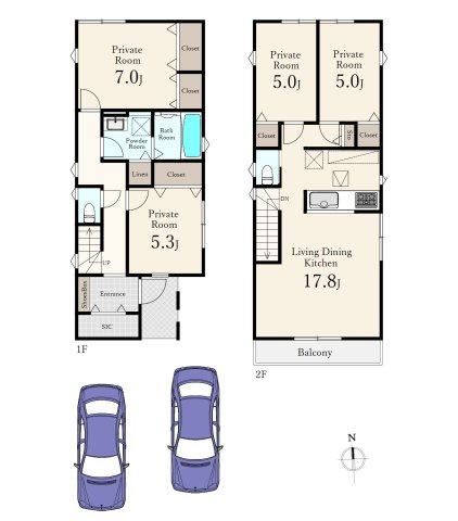 和光市新倉2丁目 全2区画 A区画の参考プラン|A区画　2階建　4LDK　カースペース並列2台付
　建物面積97.70㎡　建物参考価格2550万円(税込)