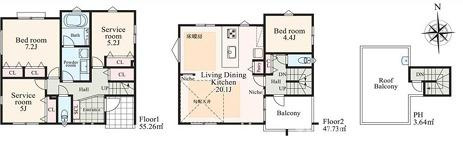 茅ヶ崎市東海岸南3丁目　新築戸建　全3棟の間取り|ルーフバルコニー付　2LDK+2S