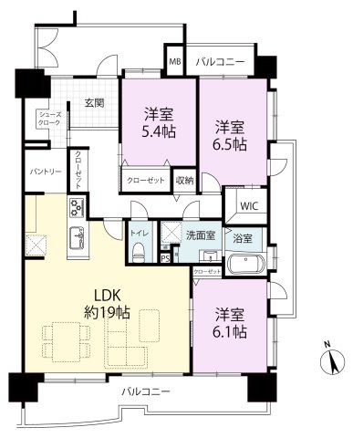 【間取り】 | パロス・リバーコート博多弍番館 | 間取りは３ＬＤＫ、９６㎡のゆったりとした居住空間が魅力です。１９帖のＬＤＫはダイニング、リビングスペースが十分確保でき、家族だんらんを演出してくれます。♪