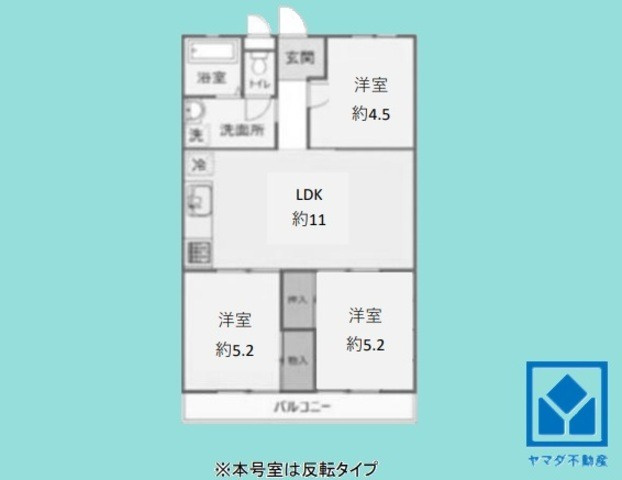 イスズハイツベル立花パート1の間取り|3LDK、専有面積57.38平米、バルコニー面積4.5平米、3階建て最上階。お部屋は反転タイプ（間取り図を左右反転）となります。2025年8月フルリフォーム済の大変綺麗なお部屋です。