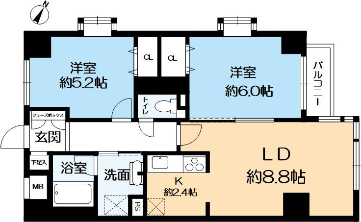 ルジェンテ・リベル六甲道の間取り|使いやすい2LDK。専有面積51.03㎡です。