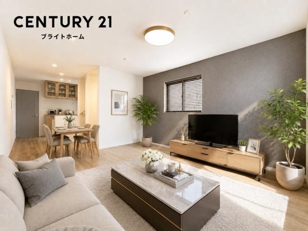 川崎市幸区塚越２丁目の新築一戸建の居間・リビング|窓からは明るい光が差し込みます！
電気をつけなくても明るいです。
※家具等はＣＧでの参考レイアウトです。