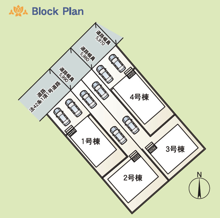 クレイドルガーデンうるま市与那城屋慶名 第６・１号棟の区画図|区画図／接道：北西側5.97～5.99ｍ公道