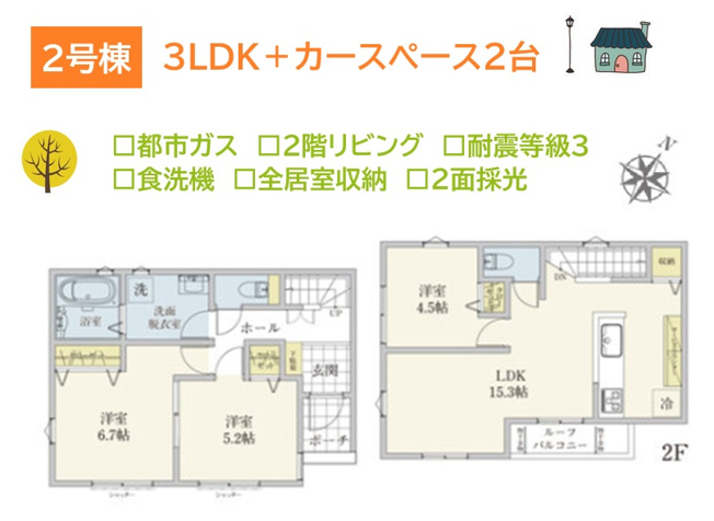 【間取り】 | 十分な広さがあり、ファミリーにも人気の高い３LDＫプラン◎　
２階リビングでプライベート空間！陽当たりに恵まれる２号棟◎