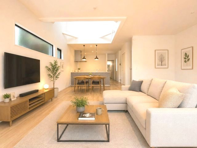 【居間・リビング】 | 福岡市東区若宮3丁目5期　1号棟（全1棟）【仲介手数料無料・0円】 | 現地写真。家具・家電等はCGによる配置例です。物件には含まれません