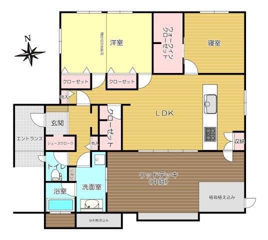 【間取り】 | 館林市富士見町　平屋建て中古戸建 | 中庭を中心とした平屋のプランです。間仕切り対応可能でライフスタイルの変化にも対応できます！