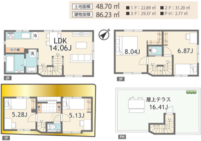 【参考プラン】 | 新宿区若葉3丁目　新築戸建て | 4LDK＋屋上テラス、広々とした駐車スペースあり