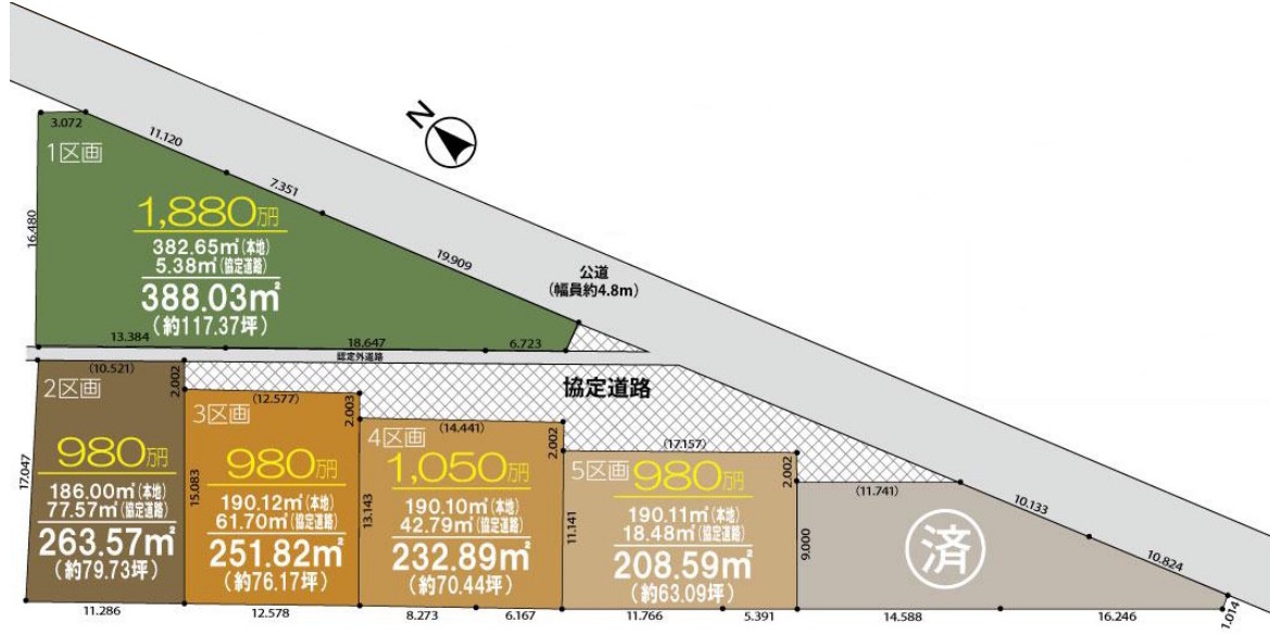 敷地面積63坪～　売地　川越市下松原の土地図|全体区画図　①1880万、②980万、③980万、④1050万、⑤980万　敷地面積63.09～117.37坪 建築条件なし！お好きなハウスメーカーで建築可能です♪