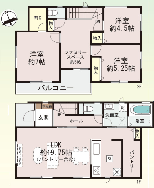 加古川市東神吉町出河原（全2）　A号棟の間取り|3LDK＋ファミリースペース＋パントリー＋WICです。