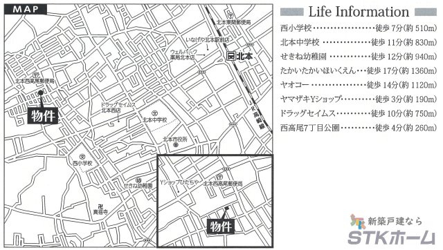 仲介手数料無料　北本市西高尾8-129　新築戸建　全1棟の地図