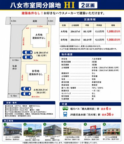 室岡3区画分譲地の土地図＋建物プラン例