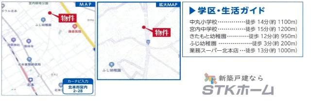 仲介手数料無料　北本市宮内2丁目28　ハートフルタウン　新築戸建　全1棟　1号棟の地図